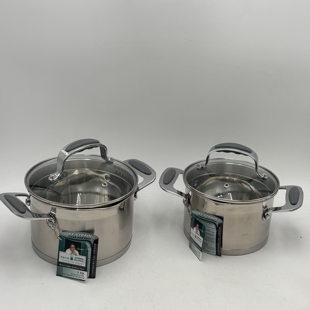 David Burke EZ-Strain Sauce Pot 2Qt & 3Qt Stainless Set Strainer Lids Commercial